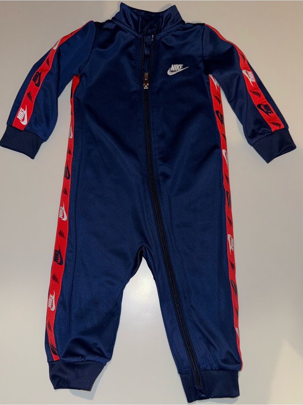 Nike Navy and Red Zip-Front Baby One-Piece